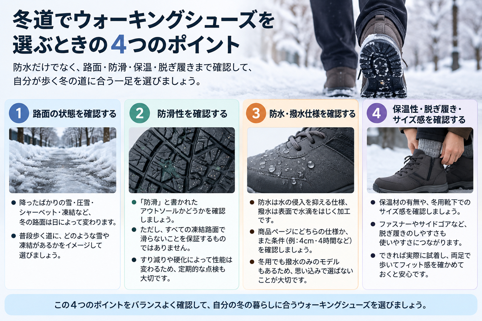 冬用ウォーキングシューズを選ぶときに確認したい路面・防滑・防水撥水・保温性とサイズのポイント