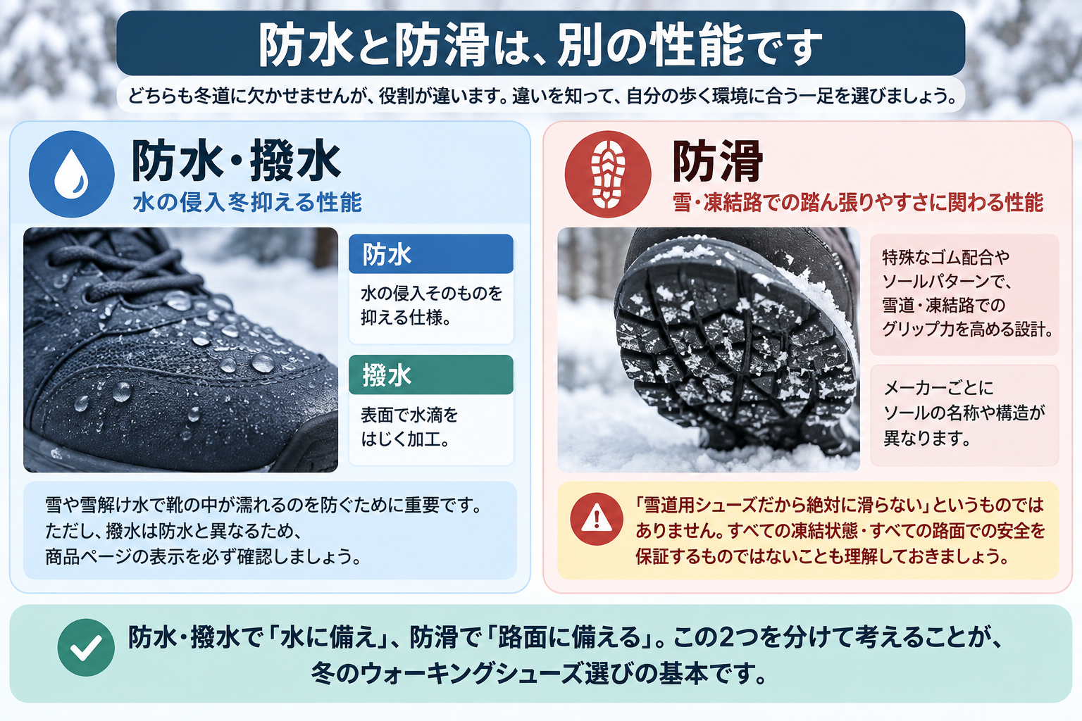 冬用シューズの防水・撥水と防滑は別の性能であることを比較した図
