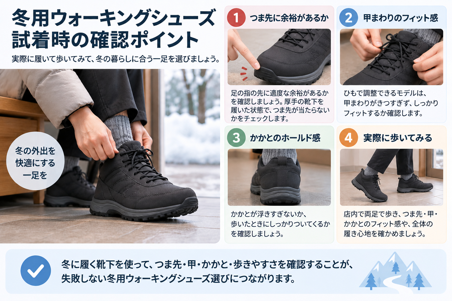 冬用ウォーキングシューズを試着するときのつま先・甲・かかと・両足歩行の確認ポイント