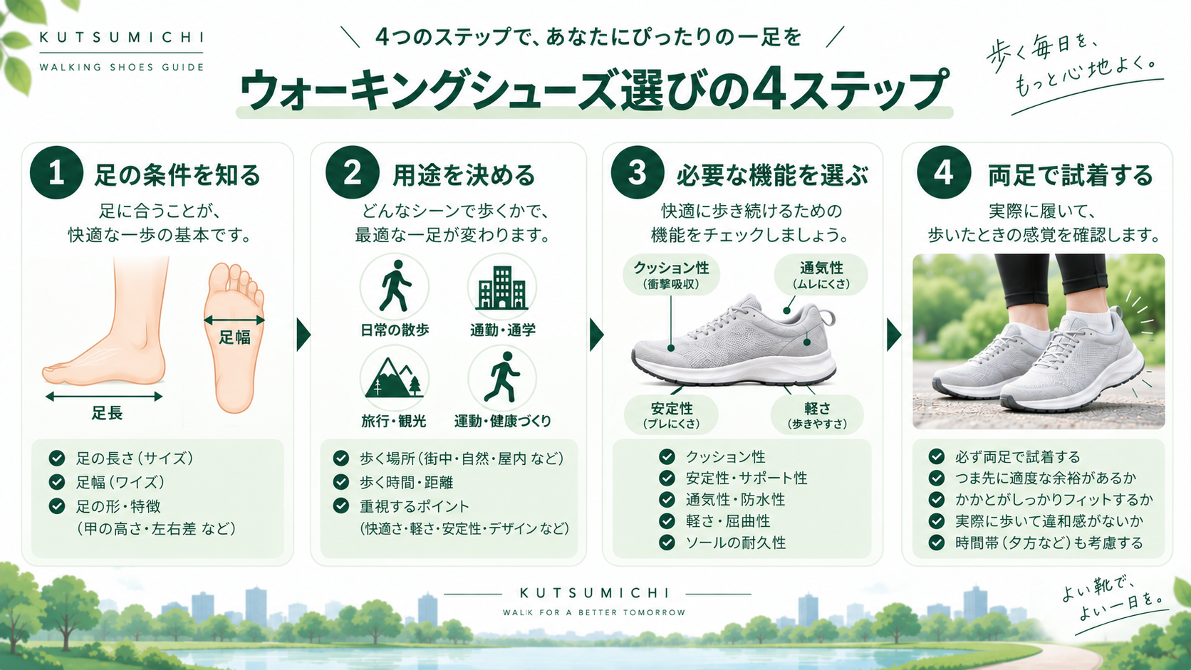 ウォーキングシューズ選びの4ステップ