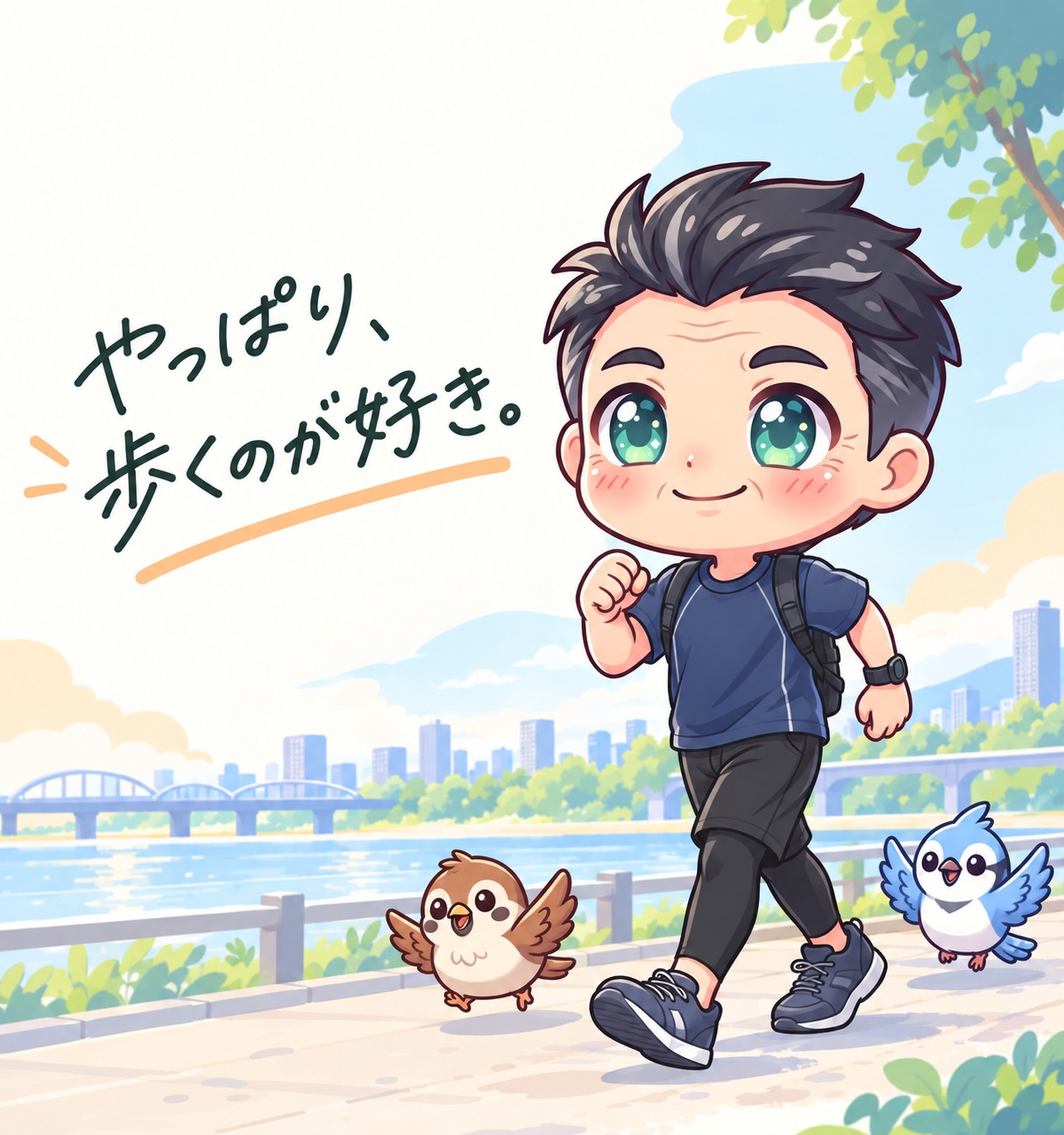 ウォーキングを楽しむクツミチ運営者haguのイラスト