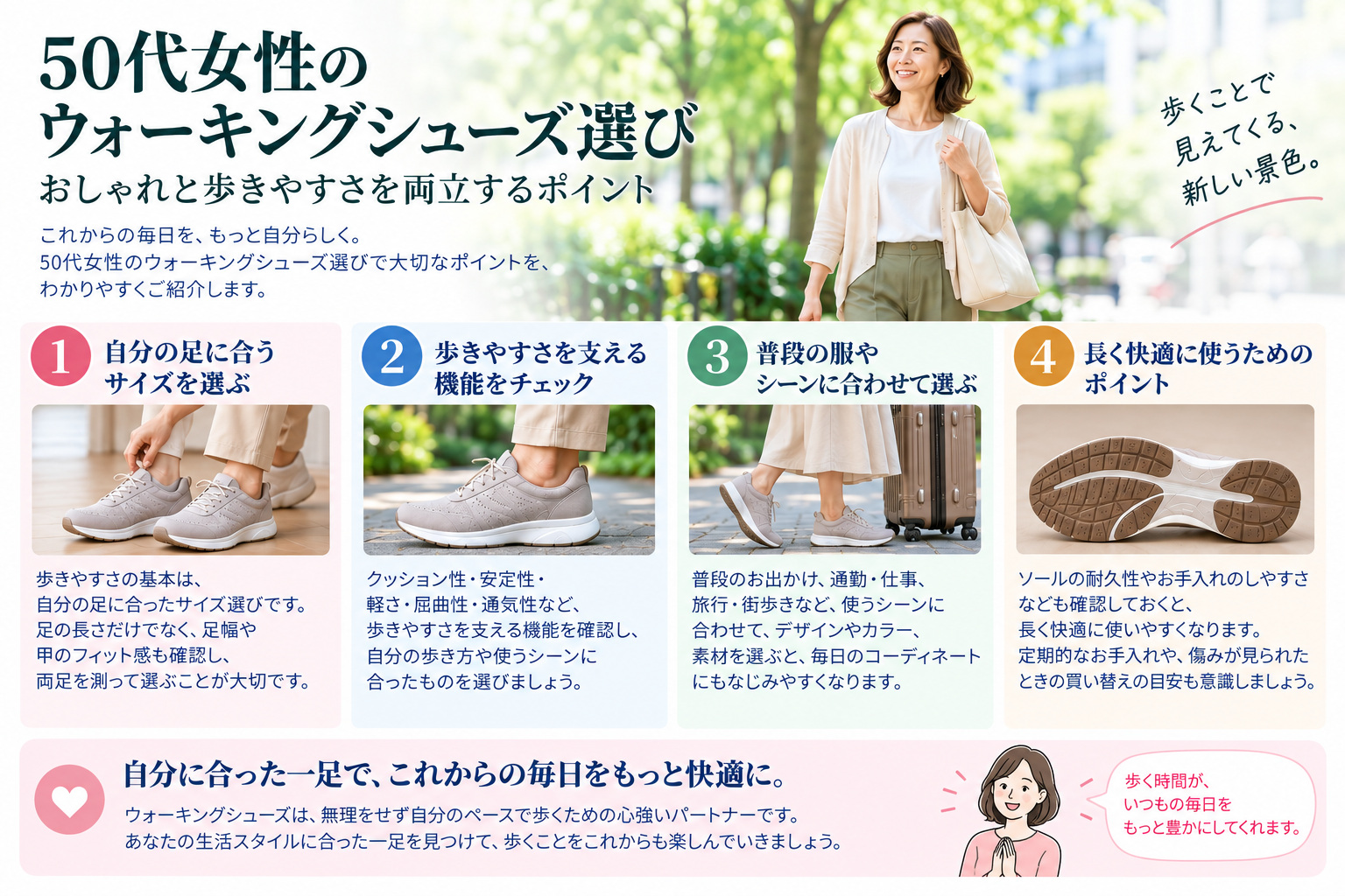 50代女性のウォーキングシューズ選びで確認したいサイズ・機能・服との合わせ方・長く使うためのポイント