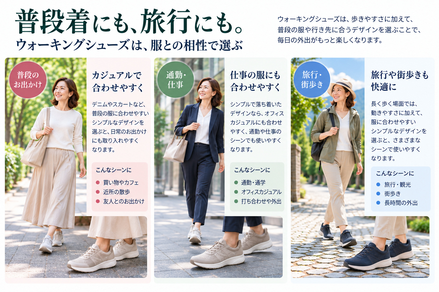 普段のお出かけ、通勤・仕事、旅行・街歩きに合わせるウォーキングシューズの選び方