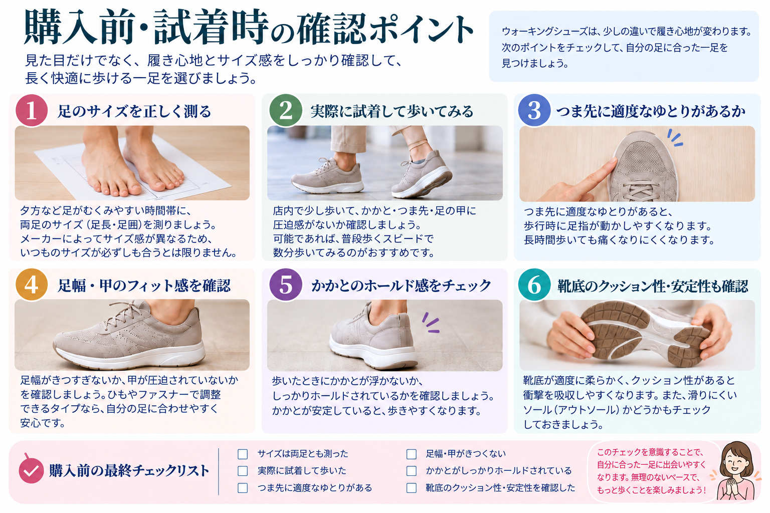 ウォーキングシューズ購入前と試着時に確認したい足のサイズ、つま先、足幅、甲、かかと、靴底のポイント