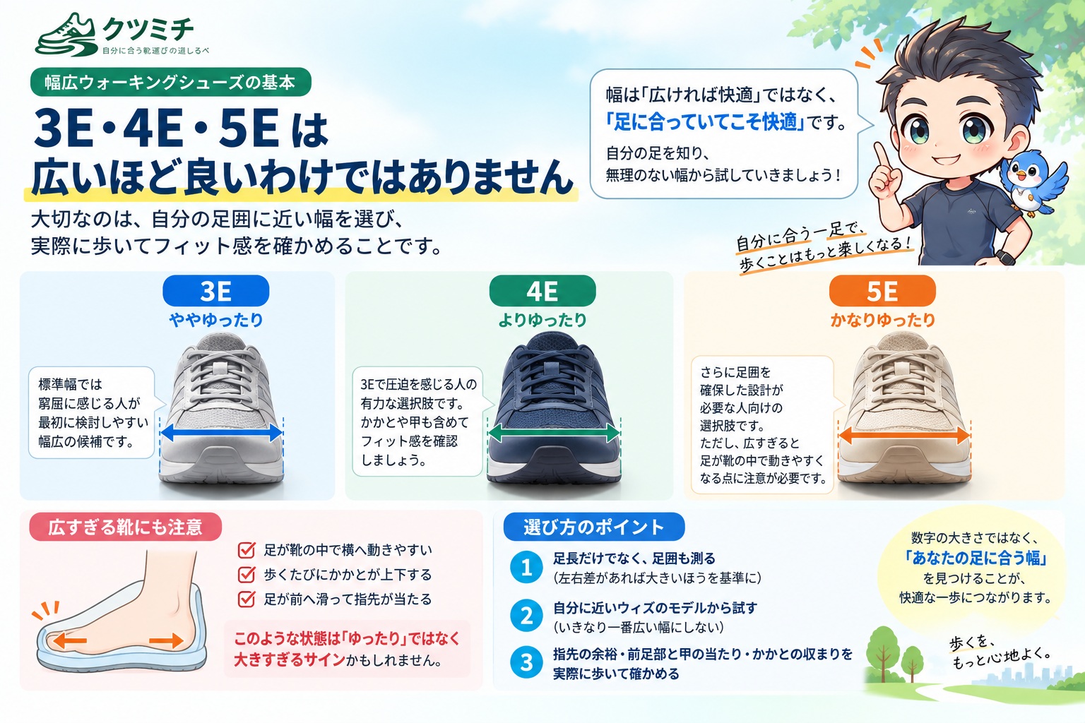 3E・4E・5Eは広いほど良いわけではなく、自分の足囲に近い幅を選ぶ考え方