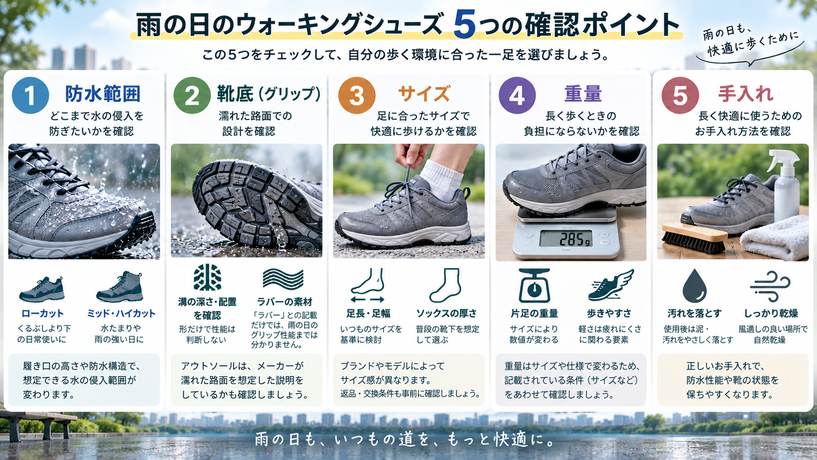 雨の日のウォーキングシューズで確認したい5つのポイント