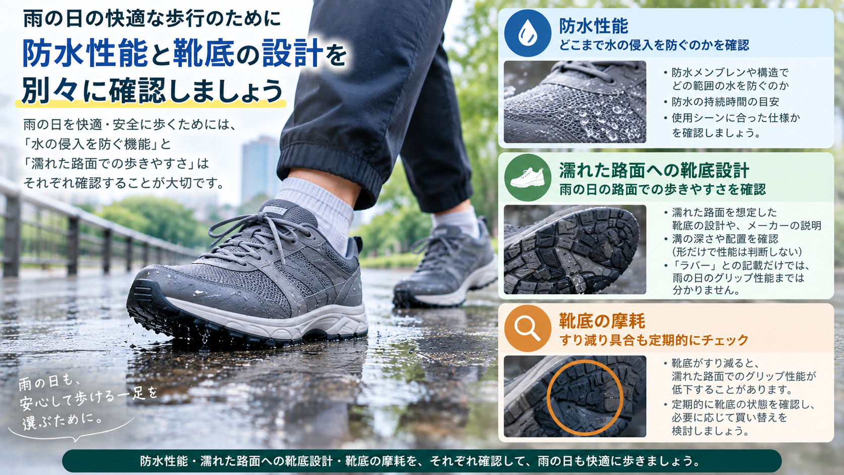 雨の日は防水性能と濡れた路面への靴底設計、靴底の摩耗を別々に確認する
