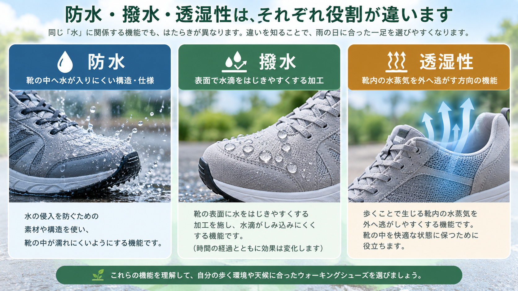 防水・撥水・透湿性の違いを説明した図