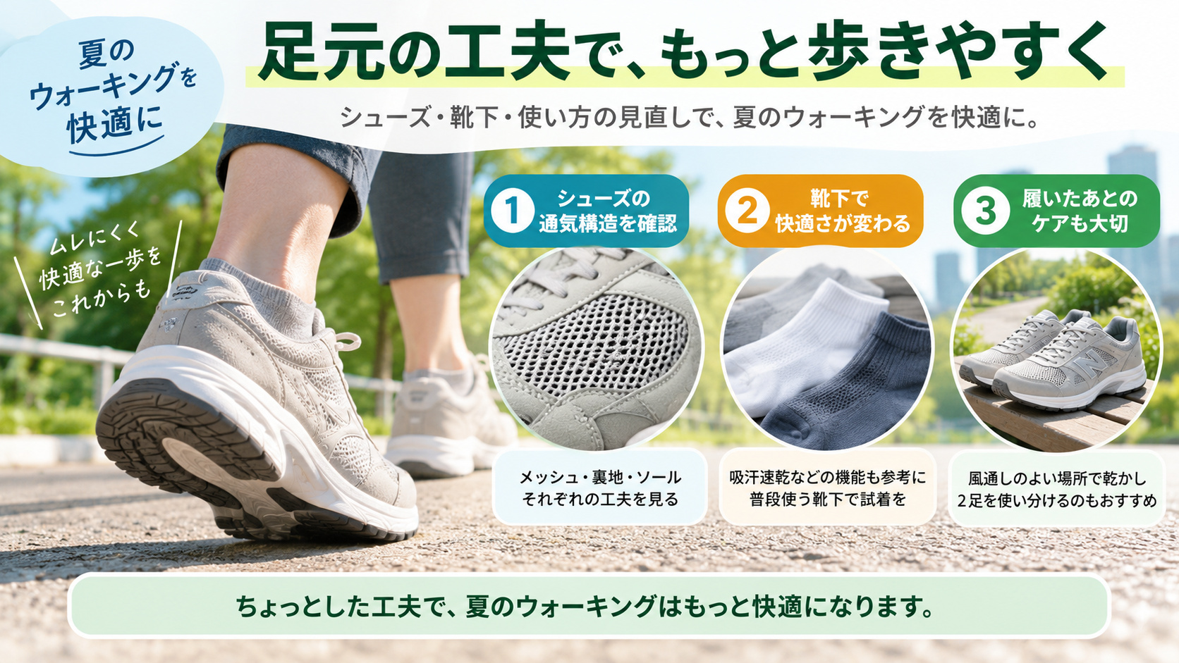 夏のウォーキングを快適にする靴と靴下、使用後の乾燥のポイント