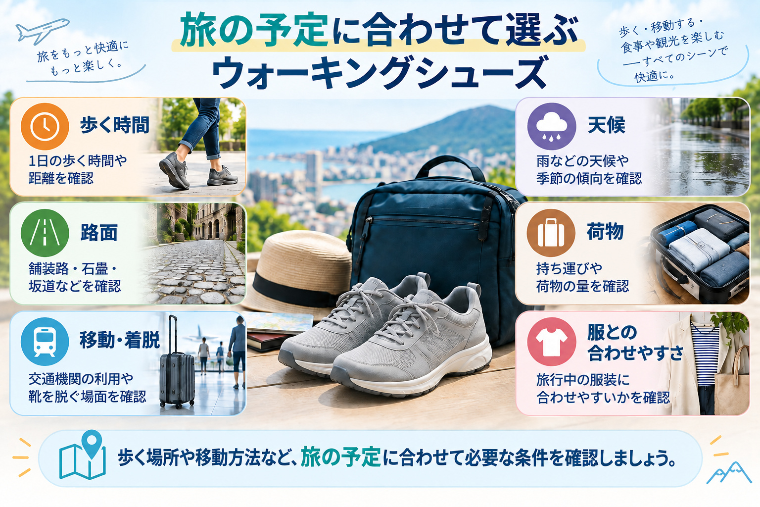 旅の予定に合わせてウォーキングシューズを選ぶときの確認ポイント