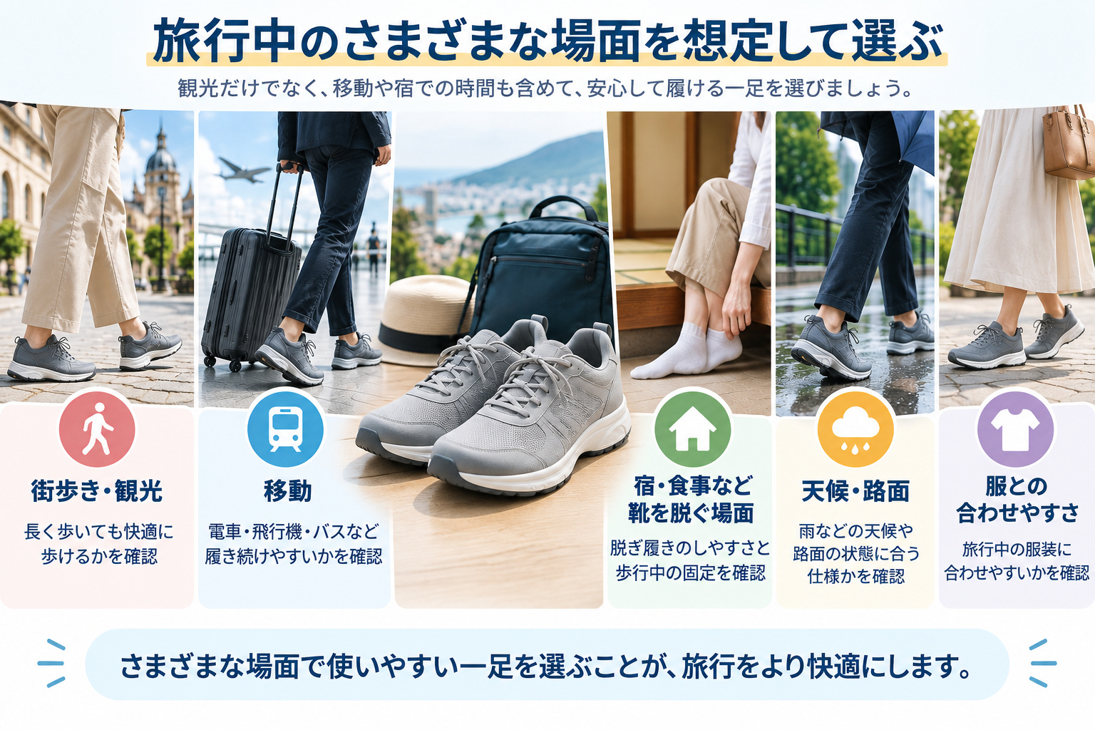 旅行中のさまざまな場面を想定してウォーキングシューズを選ぶポイント