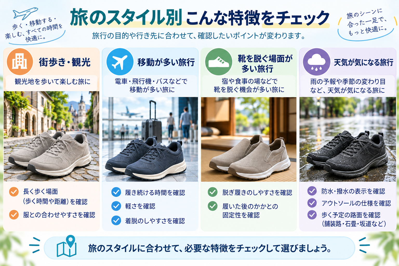 旅のスタイル別にウォーキングシューズで確認したい特徴