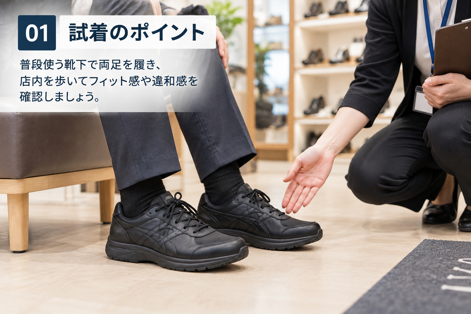 通勤用ウォーキングシューズを店頭で試着するときのポイント