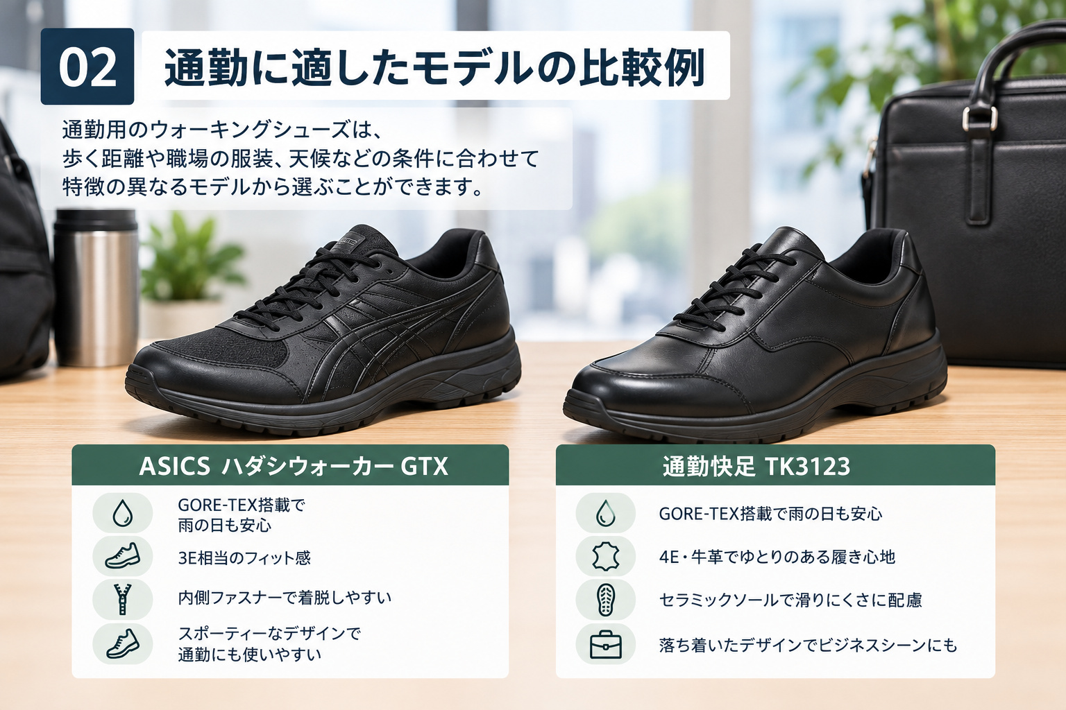 通勤向けウォーキングシューズ2モデルの比較例