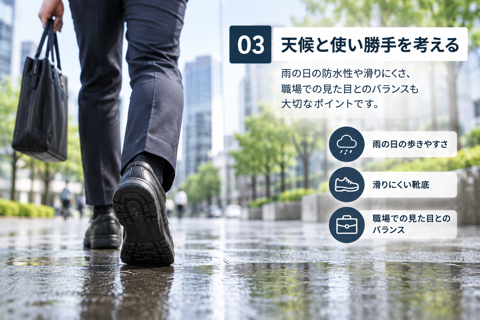 雨の日の通勤で防水性や靴底、職場での見た目を確認するポイント