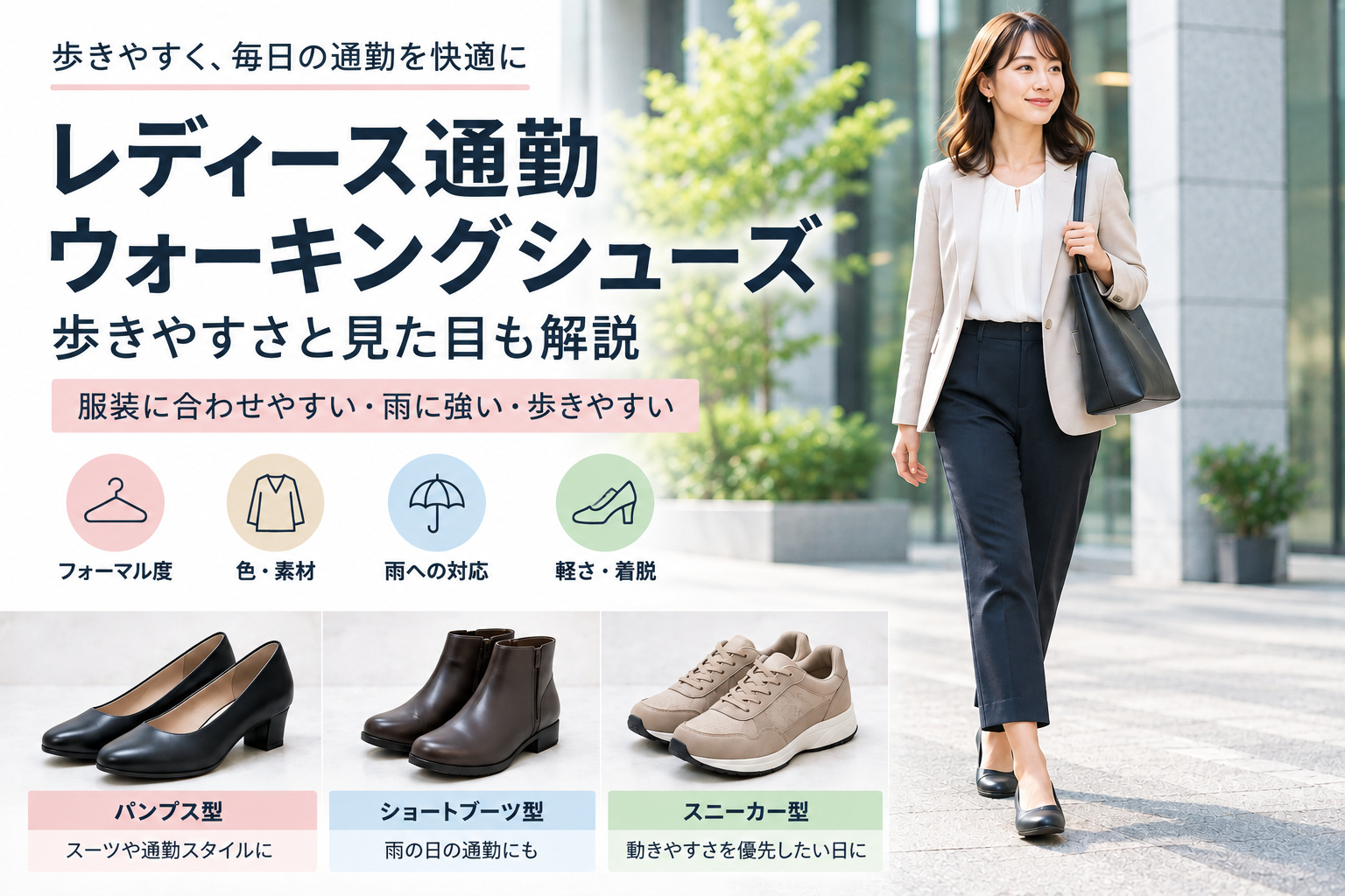 レディースの通勤用ウォーキングシューズを選ぶときのポイント