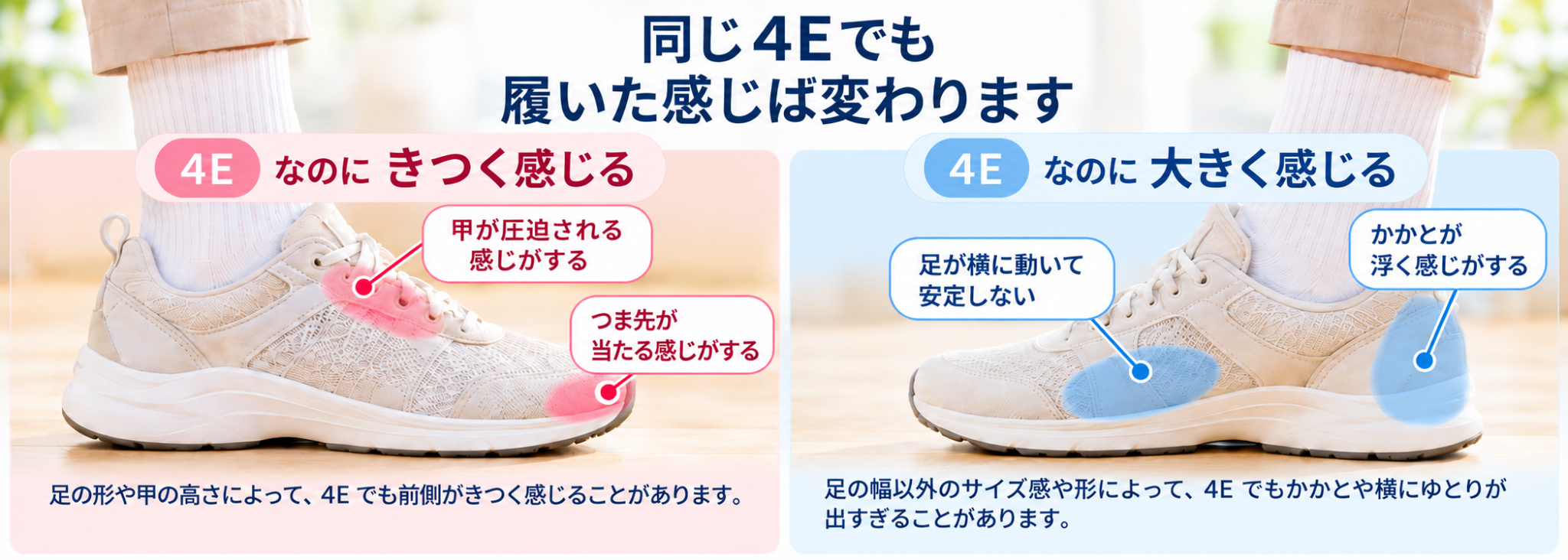 同じ4Eでもつま先・甲・かかとの履き心地が変わることを示す図