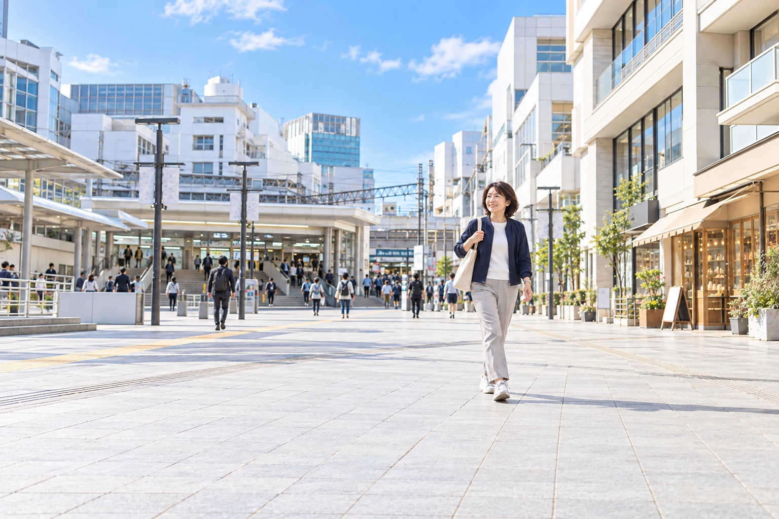 駅前の広い歩道を、トートバッグを持って歩く女性