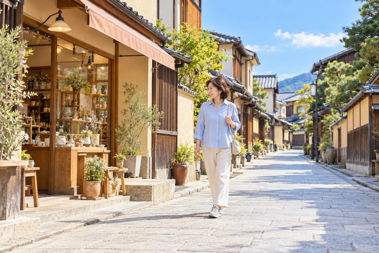 明るい古い町並みで、店先を眺めながら歩く女性
